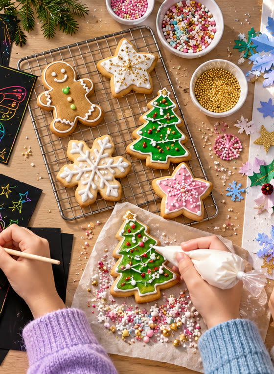Decorated Christmas cookies on a craft table