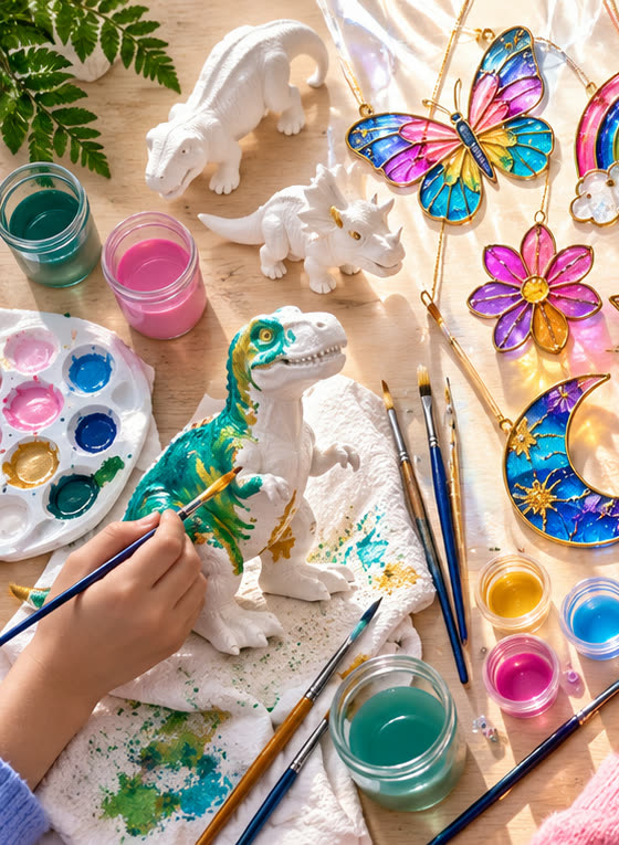 Painted plaster dinosaur and craft paints on a table