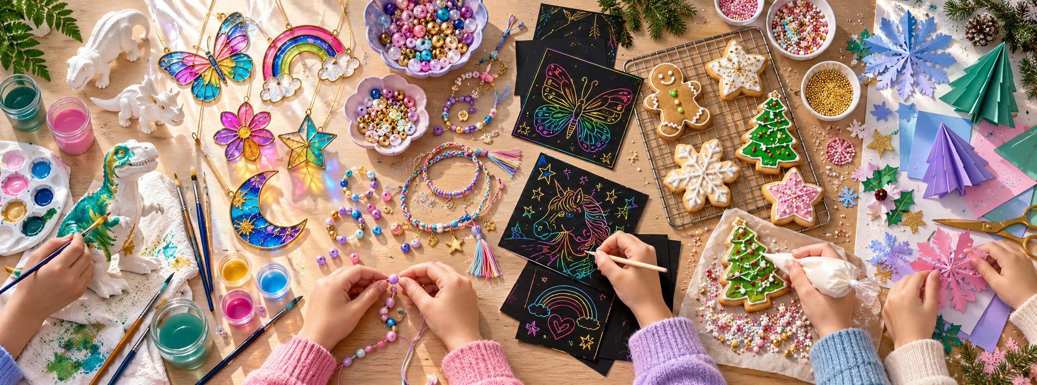 Craft table with painting, beading, scratch art and cookie decorating materials